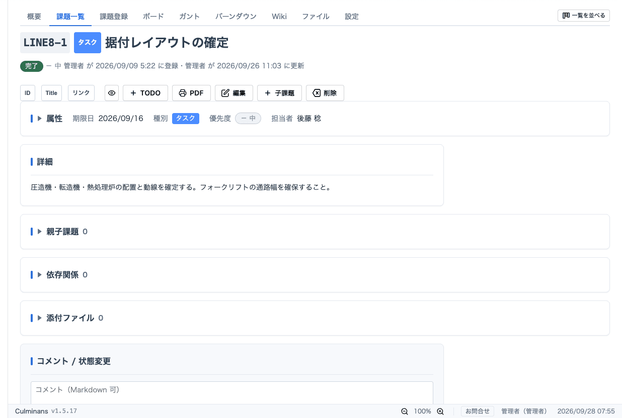 課題の詳細。属性・本文・親子課題・依存関係・添付ファイル・コメントを 1 画面に表示。